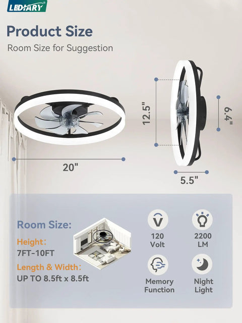 20 Inch Black Bladeless Ceiling Fan Drops Slick Integrated Looks With A Clean Seamless Silhouette Plus Bright Led Lighting Effortless App Control And A Tight Flush Mount Fit Perfect For Compact Rooms Where You Want Fresh Air That Feels Crisp, showcasing product dimensions and suggested room size.