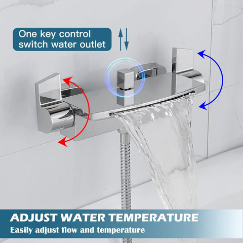 Polished Chrome Waterfall Bathtub Faucet With Wall Mount Dual Handle Brass Tub Spout Slick Handheld Shower Spray 59 Inch Hose Hot Cold Water Mixer