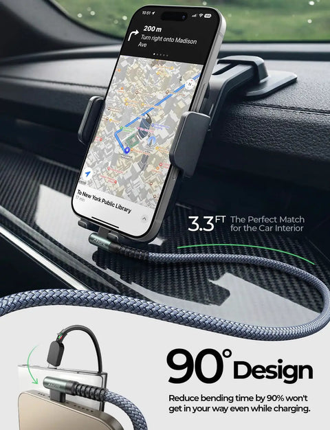 Right Angle USB A To USB C Car Cable 3.3 Ft 2 Pack Fast Charge for iPhone and Samsung, grey nylon, in car use.