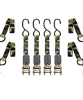 Super Solid Camo Ratchet Straps 1 Inch By 8 Feet Tie Down Cargo With Vinyl Coated S Hooks 300 Lb Working Strength 900 Lb Break Rating To Keep Your Rig Locked In Tight For Daily Work Or Weekend Adventures 4 Pack in a display with hooks.