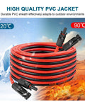 10 AWG Solar Extension Cable 100 Feet With Male To Female Connector Flexible Tinned Copper Wire For Solar Panels RV Boat Automotive Outdoor Use Off Grid DIY Power in coiled red and black design with connectors, showcasing high-quality PVC jacket against extreme hot and cold temperature background.