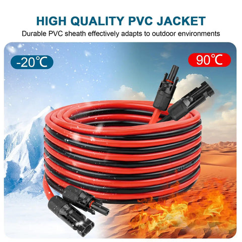 10 AWG Solar Extension Cable 100 Feet With Male To Female Connector Flexible Tinned Copper Wire For Solar Panels RV Boat Automotive Outdoor Use Off Grid DIY Power in coiled red and black design with connectors, showcasing high-quality PVC jacket against extreme hot and cold temperature background.