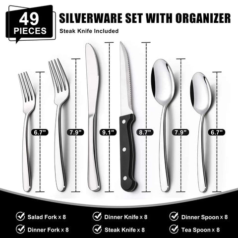 49 Piece Silverware Set With Drawer Organizer For 8 People Built Tough For Everyday Home Use Heavy Duty Cutlery Display