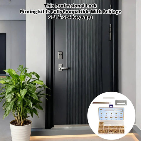Lock Pinning Kit For Schlage Rekeying SC1 SC4 Keyways displayed next to a secure door with a smart lock and potted plant