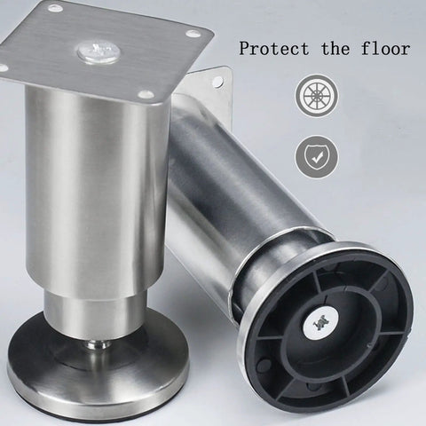 Heavy Duty Stainless Steel Furniture Legs Set Of 4 With Screws, Adjustable Feet, close-up showing brushed finish and base