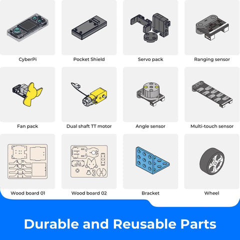 CyberPi Project Based Coding Kit For Kids Ages Eight To Twelve With Hands On STEM Projects Including An Auto Driving Car An Oscillating Fan And A Smart Trash Bin Made To Spark Creative Problem Solving And Real World Tech Skills durable reusable parts set