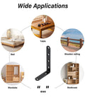 Heavy Duty L Brackets And Corner Braces 5 X 3 Inch Solid Steel 4 Pack with black finish showcasing various applications like table and wardrobe.