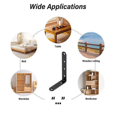 Heavy Duty L Brackets And Corner Braces 5 X 3 Inch Solid Steel 4 Pack with black finish showcasing various applications like table and wardrobe.