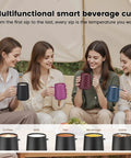 14 Oz Self Heating Coffee Mug With Quick Rechargeable Battery for coffee, tea, and beverages, shared among friends outdoors.