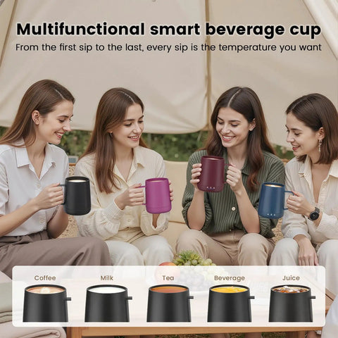 14 Oz Self Heating Coffee Mug With Quick Rechargeable Battery for coffee, tea, and beverages, shared among friends outdoors.