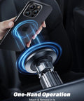 Rorhxia military-grade car magnetic phone holder installed on an air vent with iPhone, blue glow ring.