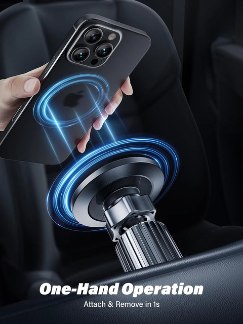 Rorhxia military-grade car magnetic phone holder installed on an air vent with iPhone, blue glow ring.