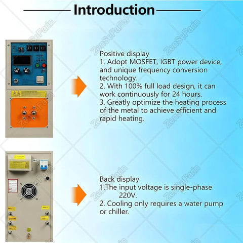 Heavy Duty 15KW Digital High Frequency Induction Heater control panel displaying temperature settings and operational details.