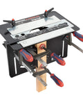 Dead On Mortise And Tenon Jig For Plunge Routers Slick Adjustable Woodworking Jig For Cabinets and Tables with clamps attached.