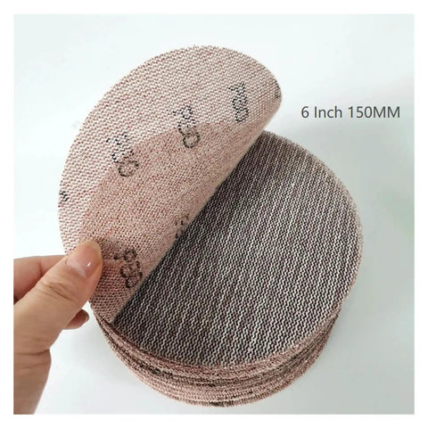 Get Your 6 Inch Mesh Sanding Discs With Hook Loop Backing For Car Bodywork, Dust Free Anti Clogging Grit Paper To Smooth Paint Fast And Easy, showing 150mm mesh discs stacked.