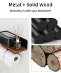 Toilet Paper Holder With Shelf Dual Roll And Wipes Dispenser For Bathroom Wall Mounted Storage Black Metal And Solid Wood Aromatherapy Phone Shelf For Spa Like Ambiance