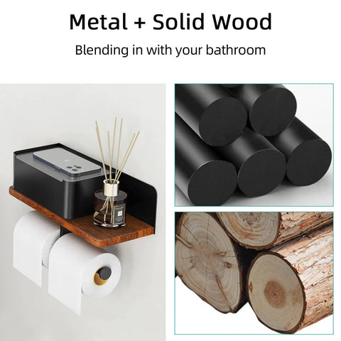 Toilet Paper Holder With Shelf Dual Roll And Wipes Dispenser For Bathroom Wall Mounted Storage Black Metal And Solid Wood Aromatherapy Phone Shelf For Spa Like Ambiance
