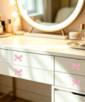 6 Pack Pink Bow Drawer Knobs Rock Solid Zinc Alloy Cabinet Hardware With Vintage Coquette Styling on white dresser.