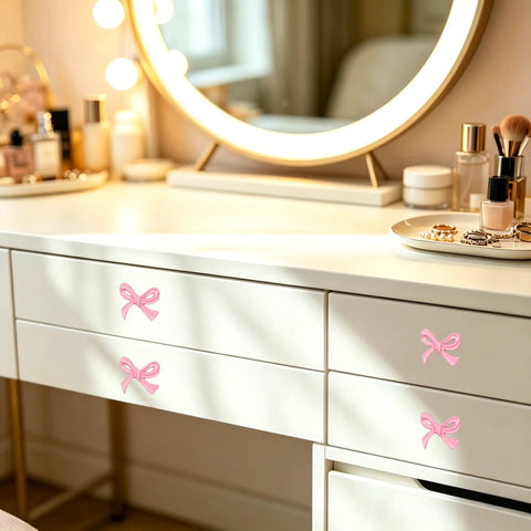 6 Pack Pink Bow Drawer Knobs Rock Solid Zinc Alloy Cabinet Hardware With Vintage Coquette Styling on white dresser.