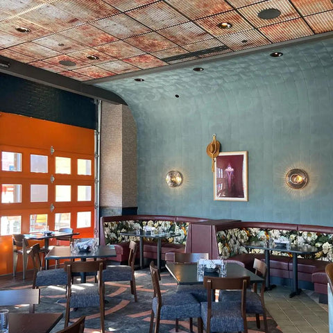Restaurant interior with Ridged Metal PVC 2x2 Lay In Ceiling Tile For Quick Ceiling Makeover Adds Crisp Design And Stunning Finish