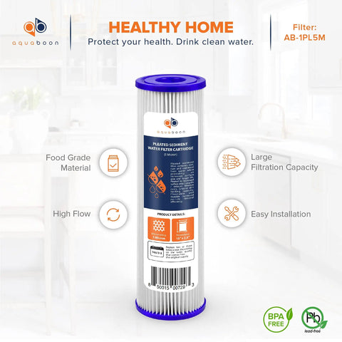 5 Micron Pleated Sediment Filter Cartridge For Whole House Well Water, 10x2.5 Inch Replacement Filter, 6 Pack, front view
