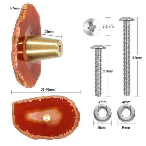 Dope Set Of 4 Agate Slice Drawer Knobs With Screws showing orange-red agate slices, brass handles, and stainless steel screws.