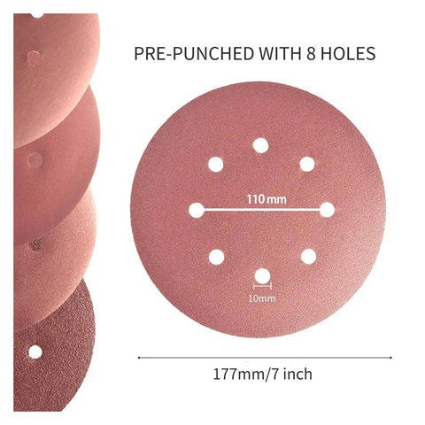 Super Smooth Results With 200 Pcs Of 5 Inch Sanding Discs Featuring Hook Loop Backing And Dust Vent Holes For Orbital Sanders In 40 To 180 Grit Sizes Ready For Any DIY Project Today, showing pre-punched sanding disc.