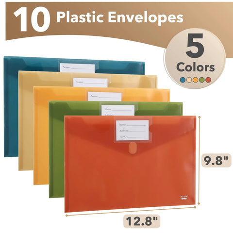 Clear Poly Envelopes 10 Pack For A4 And Letter Size colorful plastic file folders for home and office, shown in five colors.
