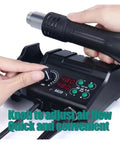 Soldering Iron Station 750W Dual LCD Digital SMD Rework Kit With Hot Air Gun 2 In 1, showing airflow knob and dual displays