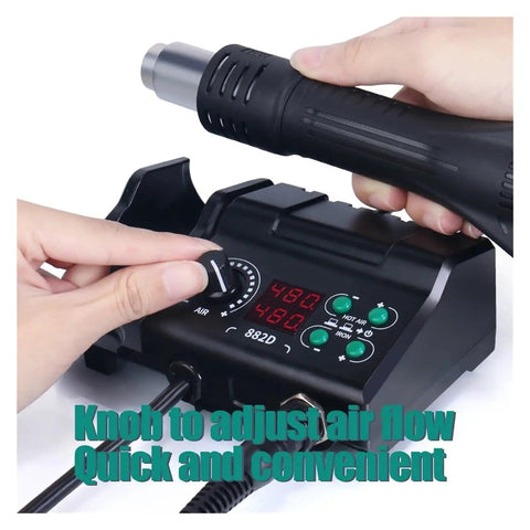 Soldering Iron Station 750W Dual LCD Digital SMD Rework Kit With Hot Air Gun 2 In 1, showing airflow knob and dual displays