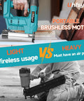 Cordless Brad Nailer And Staple Gun Combo Leveraging 21V Battery No Cord Hassle, compared with heavy air-powered nailer in use.