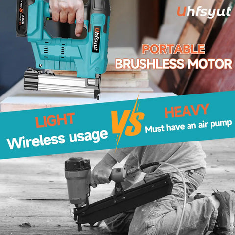Cordless Brad Nailer And Staple Gun Combo Leveraging 21V Battery No Cord Hassle, compared with heavy air-powered nailer in use.