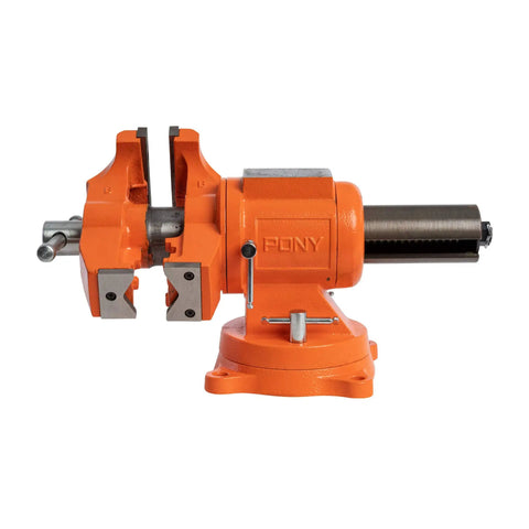 Heavy Duty 5 Inch Multi Purpose Swivel Base Bench Vise With 3 Jaw Styles Rotates 360 Degrees, 3-3/8 Inch Opening shown in orange
