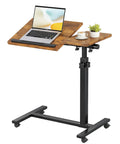 Adjustable Overbed Table With C Shape Design Portable Rolling Desk for bedside use, featuring a brown finish and pivot desktop.