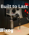 Drill Press Laser Crosshair Guide for Precise Drilling in Your Shop with steel frame projecting precision laser on wood