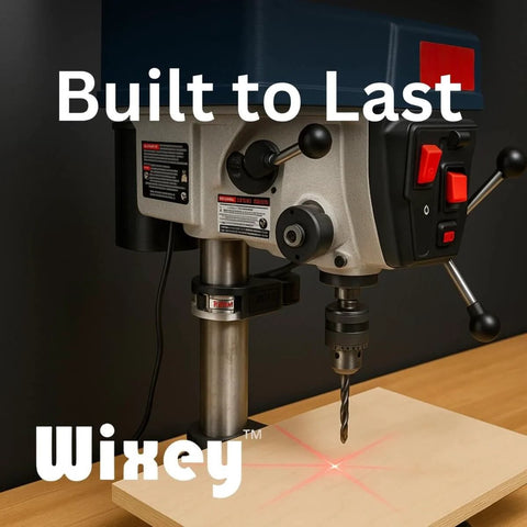 Drill Press Laser Crosshair Guide for Precise Drilling in Your Shop with steel frame projecting precision laser on wood