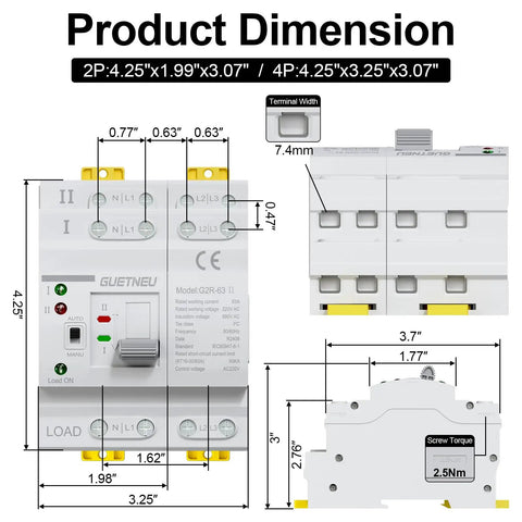 Dual Power Automatic Transfer Switch ATS 2P 63A 220V For Home Backup Power, product dimension diagram with terminal width and screw torque