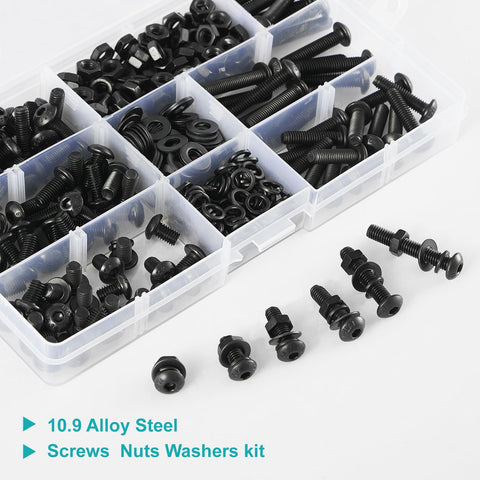 M5 Button Head Socket Cap Screws Set 390 Pcs Assortment Kit With Nuts And Washers, black oxide finish in a plastic case.
