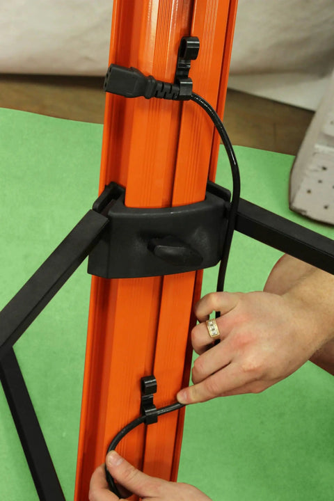 Fat Toad Column DJ Keyboard Stand Two Tier Mic Boom Adapter sliding tower detail showing cable management feature.