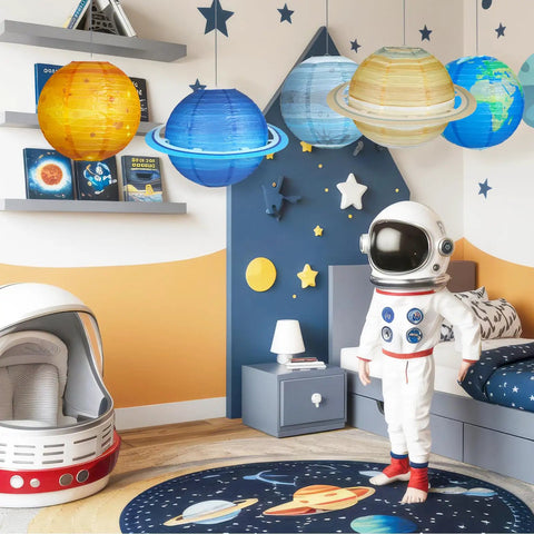 8 Piece Planet Paper Lanterns Set For Kids Space Theme Party 12 Inch Solar System Hanging Planets Lanterns in bedroom decor.