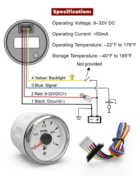 2-1/16 Inch Universal Fuel Gauge With IP67 Waterproof Housing And 8 Color Backlight, Precalibrated 0-90 Ohm And Five Common Sender Ranges, Easy Install, Built Tough For Your Ride, Clear Fuel Readout, wiring diagram and gauge