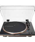 Audio Technica At-Lp70x Fully Automatic Belt Drive Turntable with clear lid and sleek black, bronze finish.