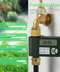 Garden Hose Faucet Water Timer With Brass Inlet For Outdoor Irrigation Programmable Sprinkler Timer With Rain Delay attached to faucet.