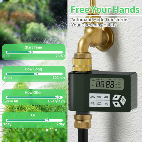 Garden Hose Faucet Water Timer With Brass Inlet For Outdoor Irrigation Programmable Sprinkler Timer With Rain Delay attached to faucet.