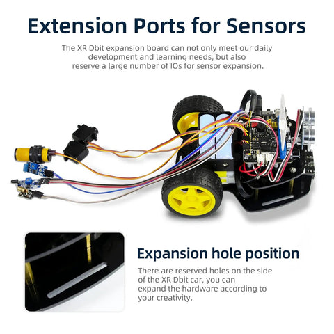 Microbit 2WD Robot Car Kit For Microbit V2 And V15 With Ultrasonic Sensor And MakeCode Graphical Coding DIY Programmable STEM Car For Teens And Adults For STEM Projects, sensor ports and expansion holes