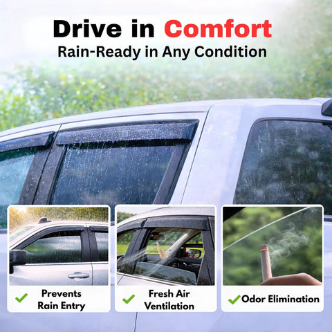 Outlander Rain Guards 2011-2020 Window Visors 4 Pack on Mitsubishi SUV showing rain protection and open window ventilation.