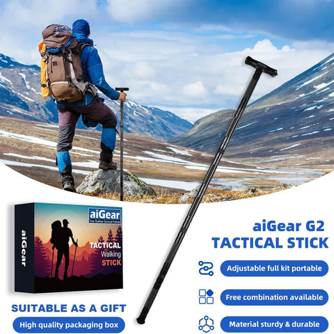 Hiker using Beefy Five Section Tactical Hiking Stick With Adjustable Walking Staff Aircraft Aluminum 6061 T6 Build Knurled Slip Grip