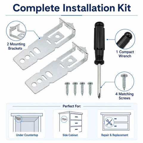 Heavy Duty Stainless Steel Dishwasher Mounting Bracket Kit With 2 Pack Screws And Adjustable Wrench for installation, includes brackets and screws.
