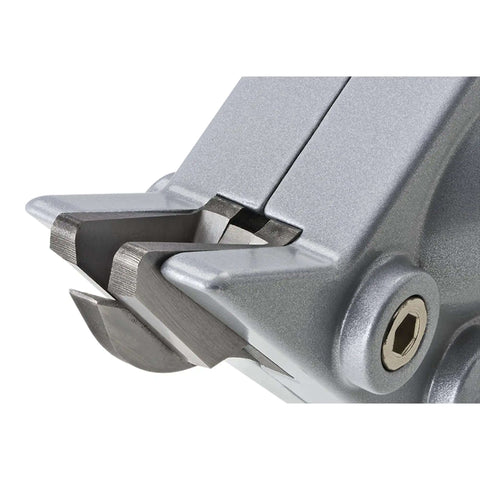 Close-up of Double Cut TurboShear Attachment for drills showing precision cutting edges for 18 gauge sheet metal seam cutting and 90 degree profiles.