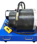 Heavy Duty Electric Hose Crimper With Ten Precision Dies For High Pressure Hydraulic Lines One Quarter To Two Inches 12 Volt 2200 Watt showing black cylinder with blue base and controls.